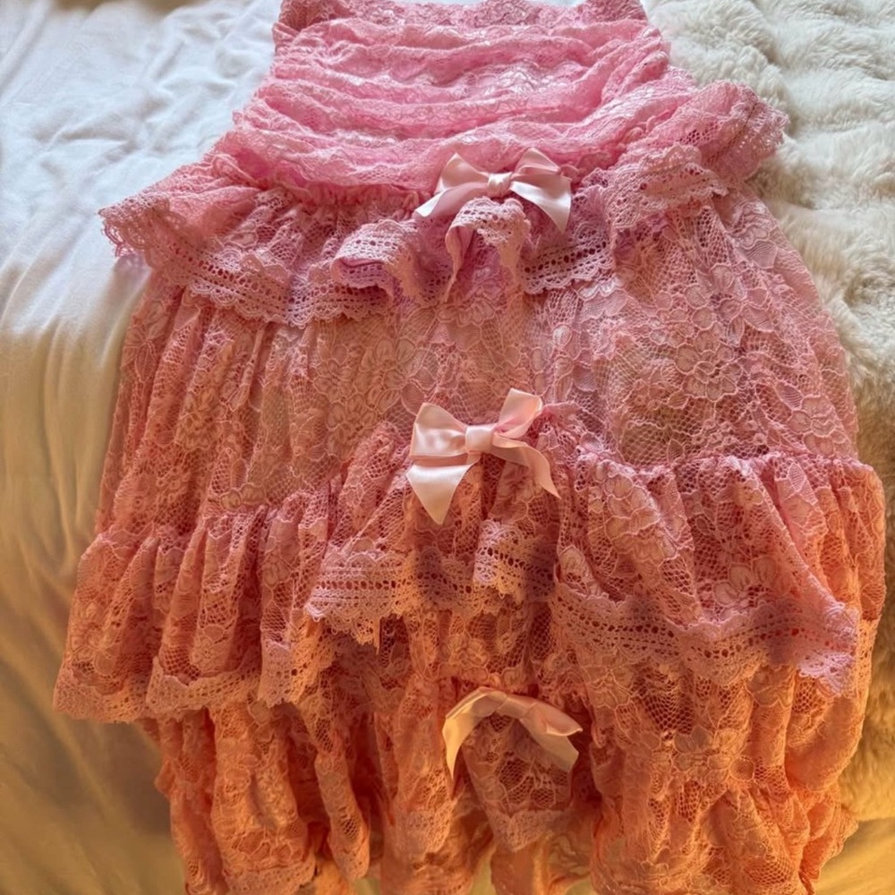 Dolls Kill Pink Lace Ruffle Maxi Skirt